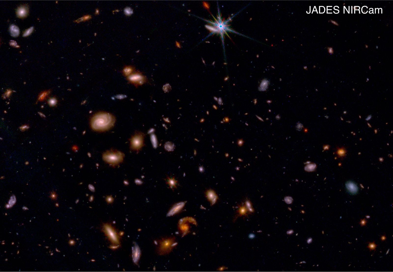 Un extrait du relevé JADES obtenu par la caméra NIRCam de James Webb montre de nombreuses galaxies lointaines.