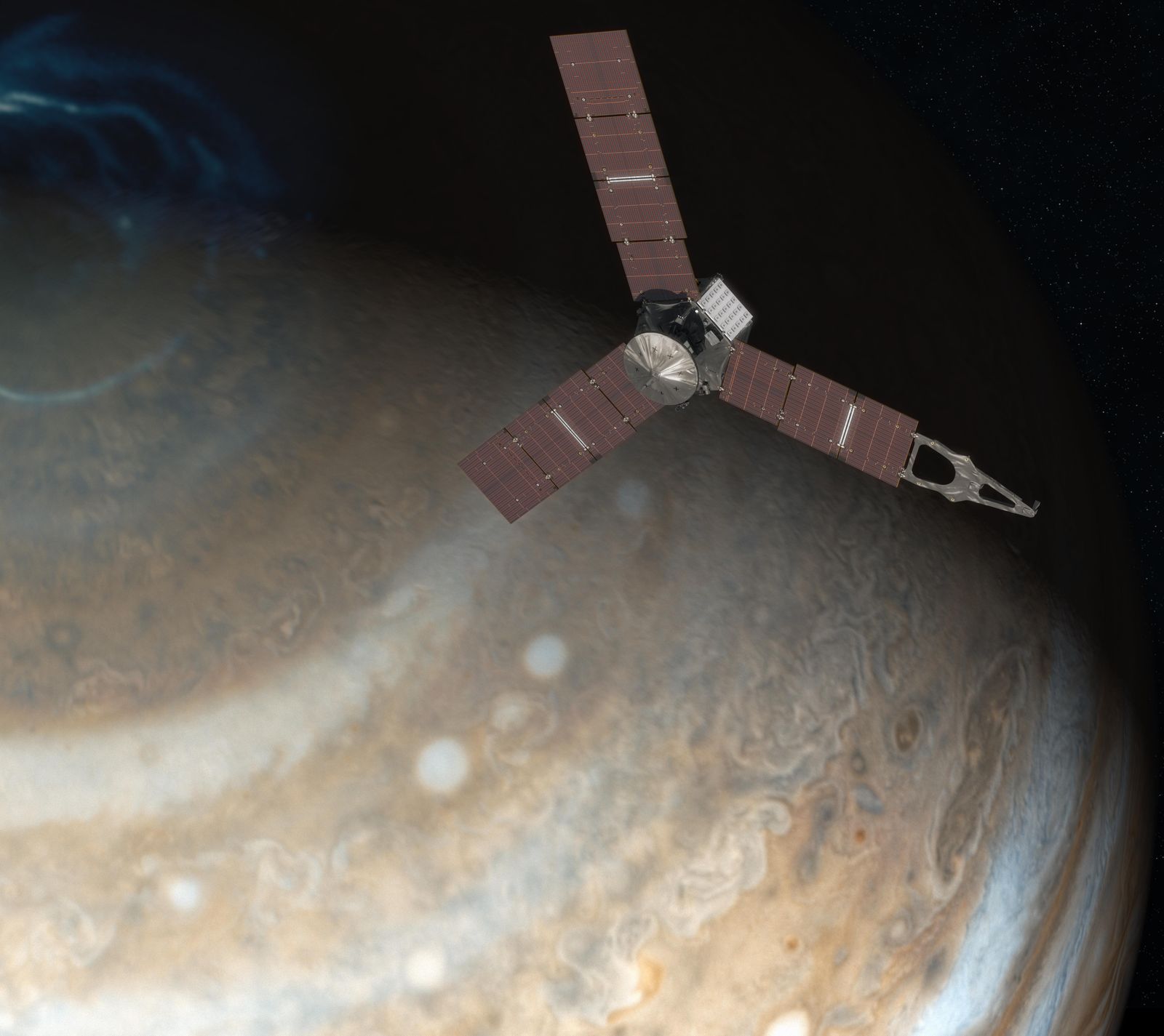 Vue d’artiste de la sonde Juno au-dessus du pôle Nord de Jupiter, région où ses instruments étudient les particules chargées et les aurores.