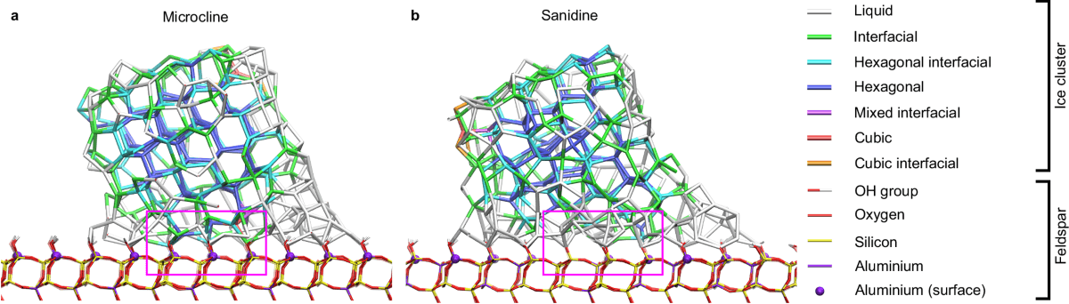 Simulation d'un nanocristal de glace au contact des surfaces de microcline et de sanidine.