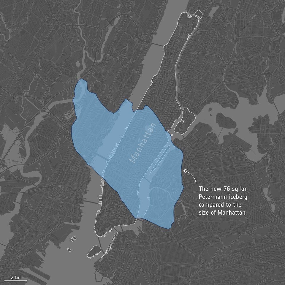 Taille du nouvel iceberg détaché du glacier Petermann comparée à l’île de Manhattan, à New York