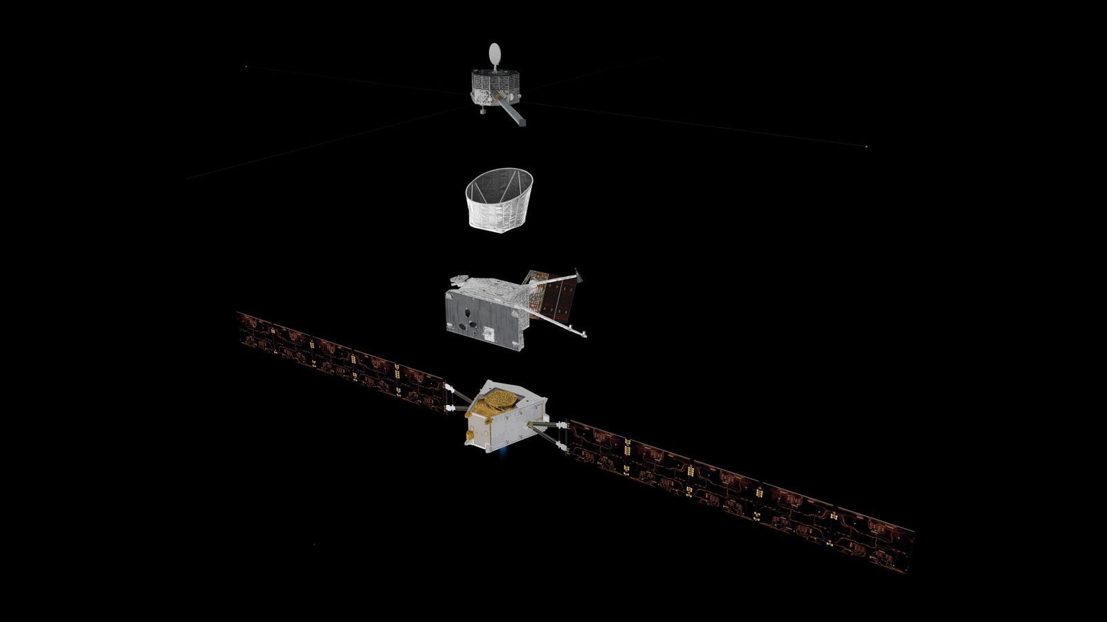 Vue éclatée des quatre éléments de BepiColombo : Mio, son bouclier, MPO et le module de transfert MTM.