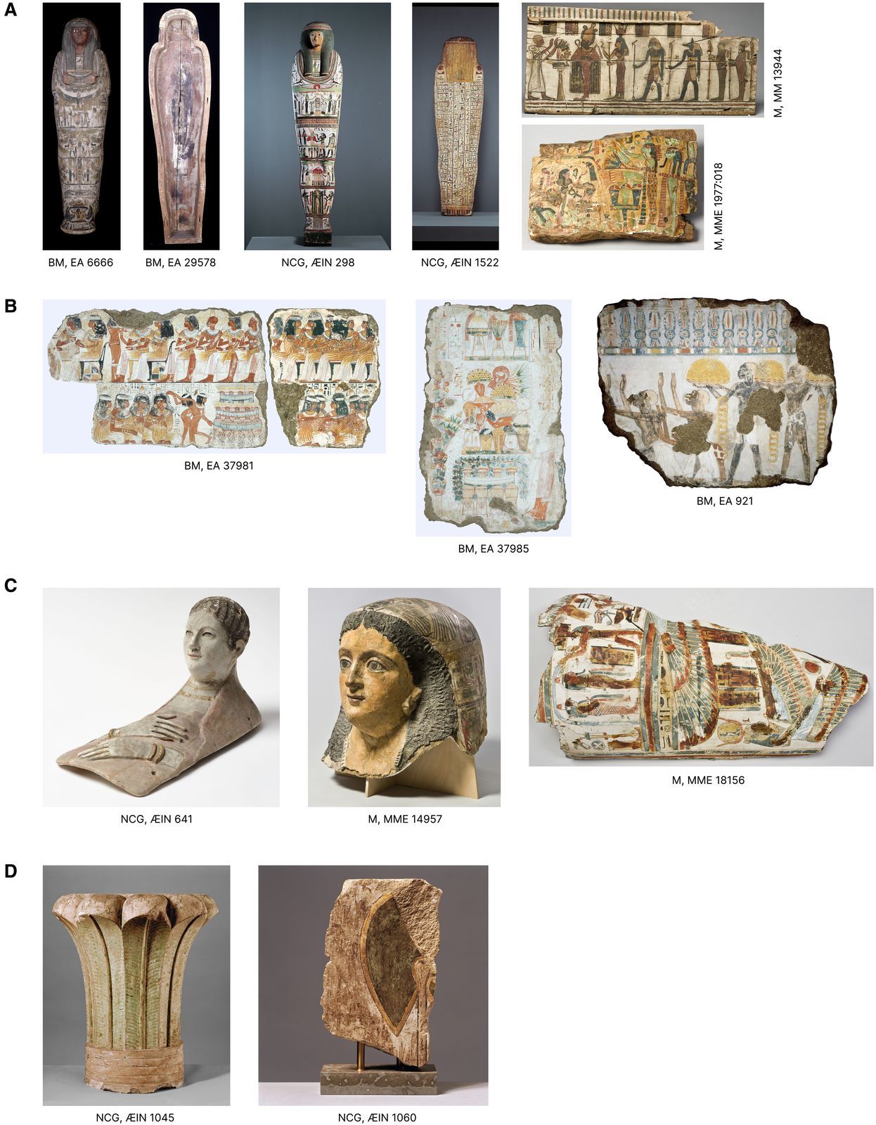 Les œuvres analysées dans cette étude, avec leur musée d'origine (M : Medelhavsmuseet ; BM : British Museum ; NCG : Ny Carlsberg Glyptotek) et leur numéro d'inventaire, sont classées selon leur type de support :