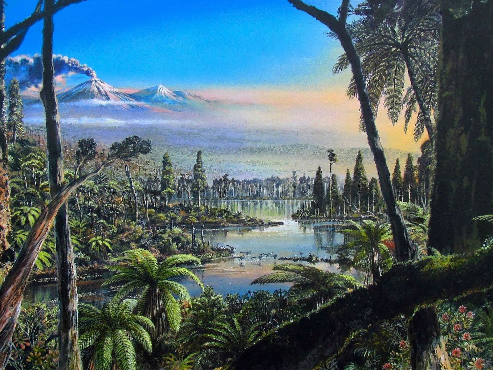 Reconstitution de la forêt tempérée marécageuse qui occupait l’Antarctique occidental il y a environ 90 millions d’années.