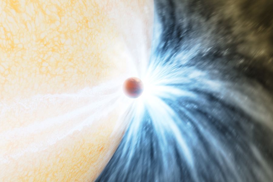 Vue d’artiste d’une planète frôlant puis plongeant dans l’enveloppe de son étoile.