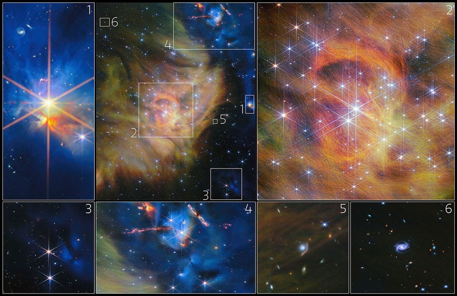 Mosaïque de détails de la région IC 348 observée par James-Webb, montrant notamment des étoiles enfouies, des jets de jeunes étoiles et des galaxies d'arrière-plan.