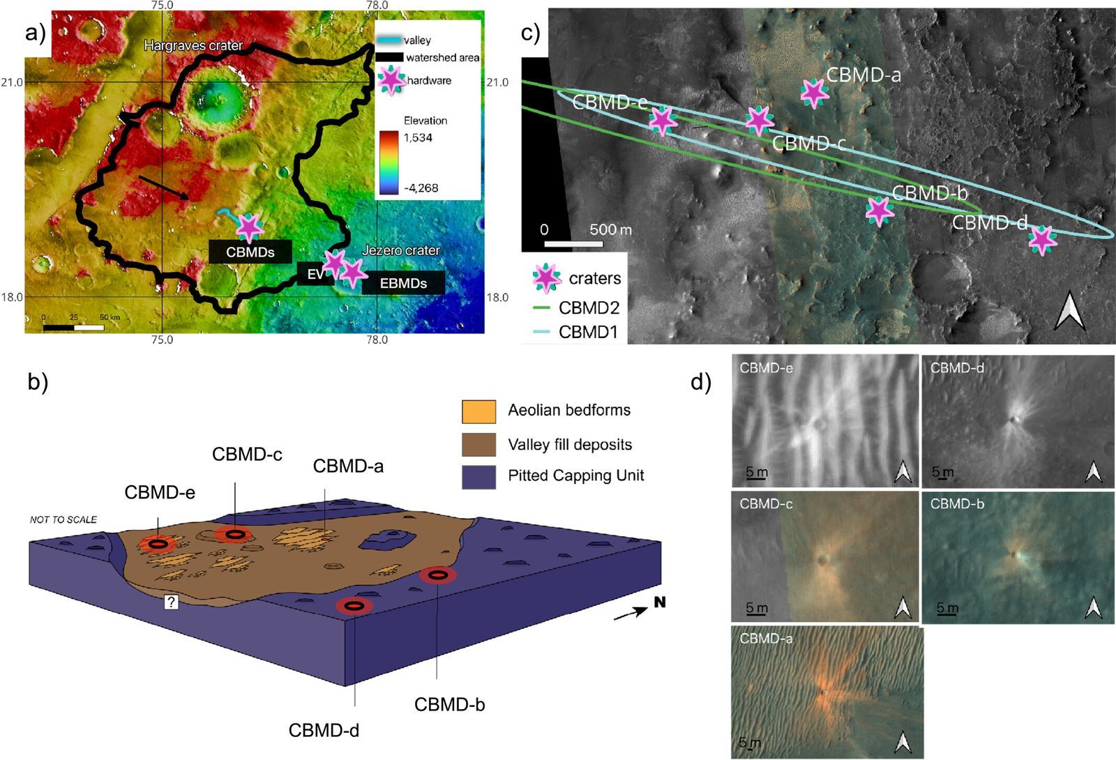 Lieux d'impact des blocs de lestage largués par la sonde Mars 2020 lors de l'atterrissage du rover Perseverance.