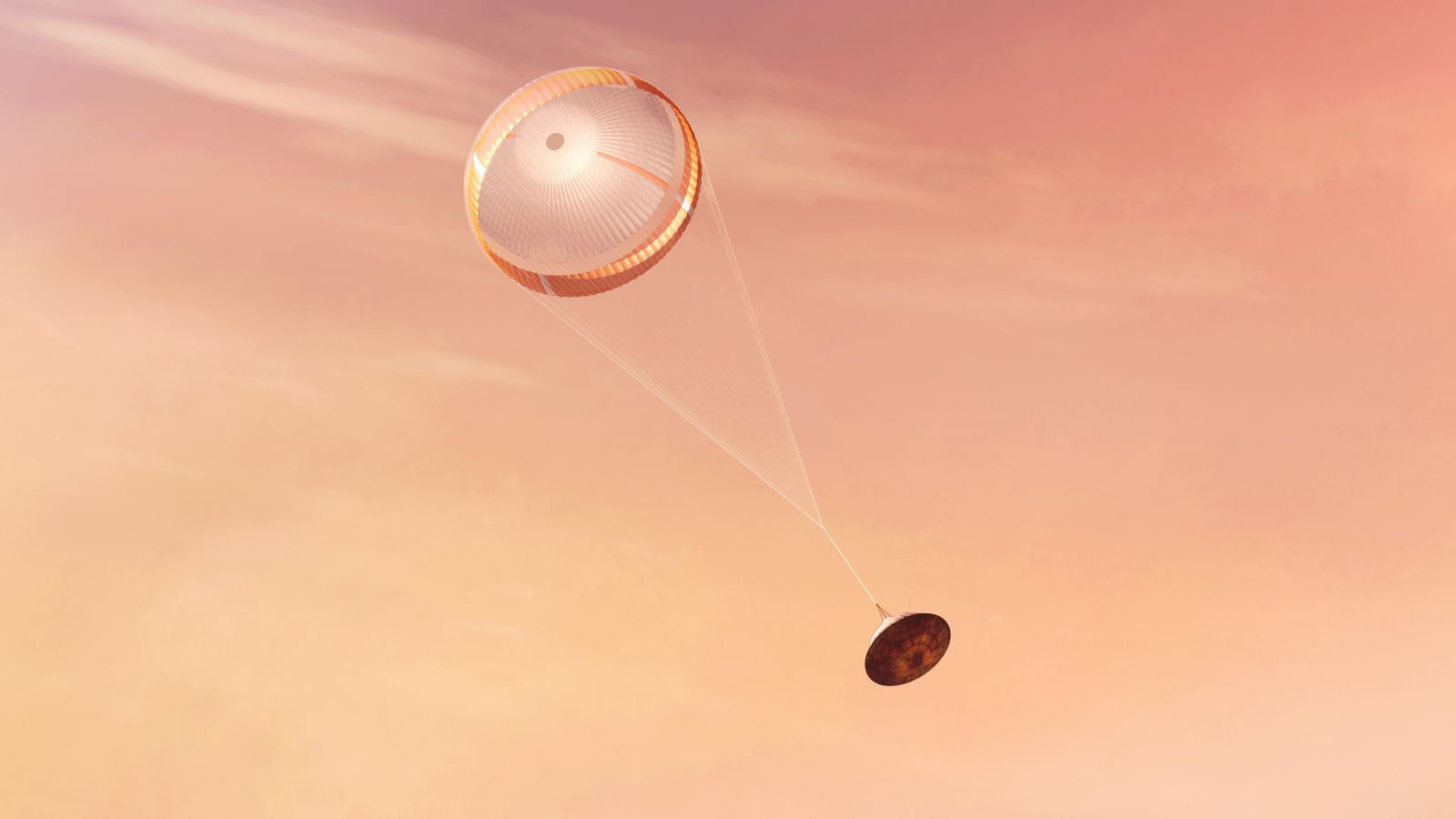 Vue dâartiste du dĂ©ploiement du parachute supersonique de Perseverance pendant sa descente dans lâatmosphĂšre martienne.