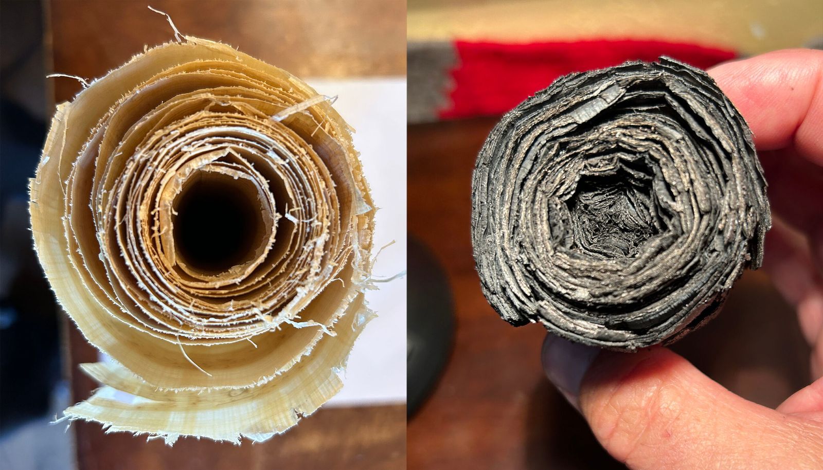 Un rouleau de papyrus moderne avant et aprĂšs sa carbonisation dans une enceinte presque dĂ©pourvue dâoxygĂšne.