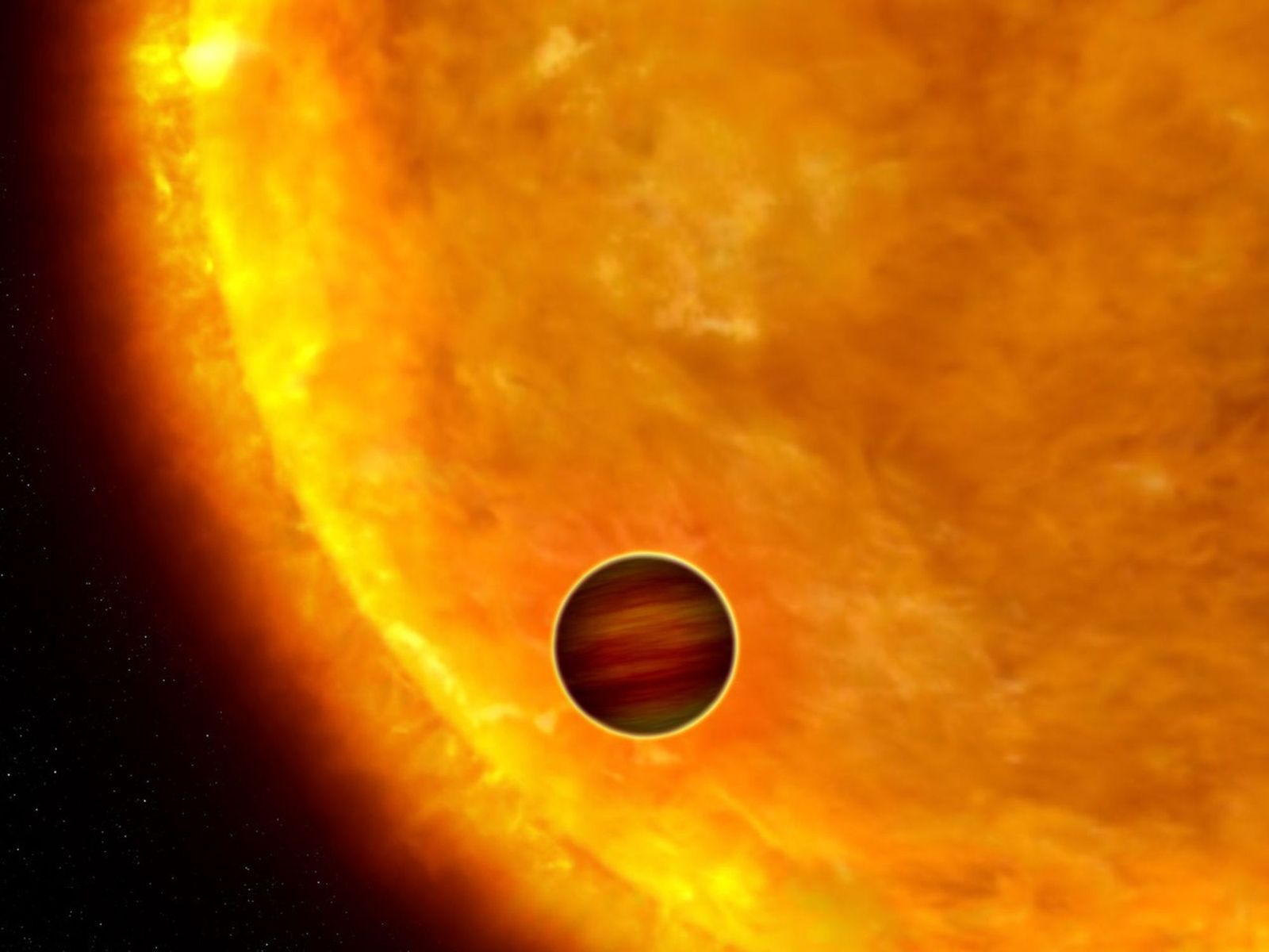 Vue d’artiste d’une planète de taille comparable à Jupiter passant devant son étoile.