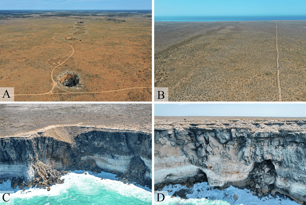 Dolines dâeffondrement et dĂ©formations rocheuses associĂ©es aux tranchĂ©es Ă©tudiĂ©es sur la plaine de Nullarbor.