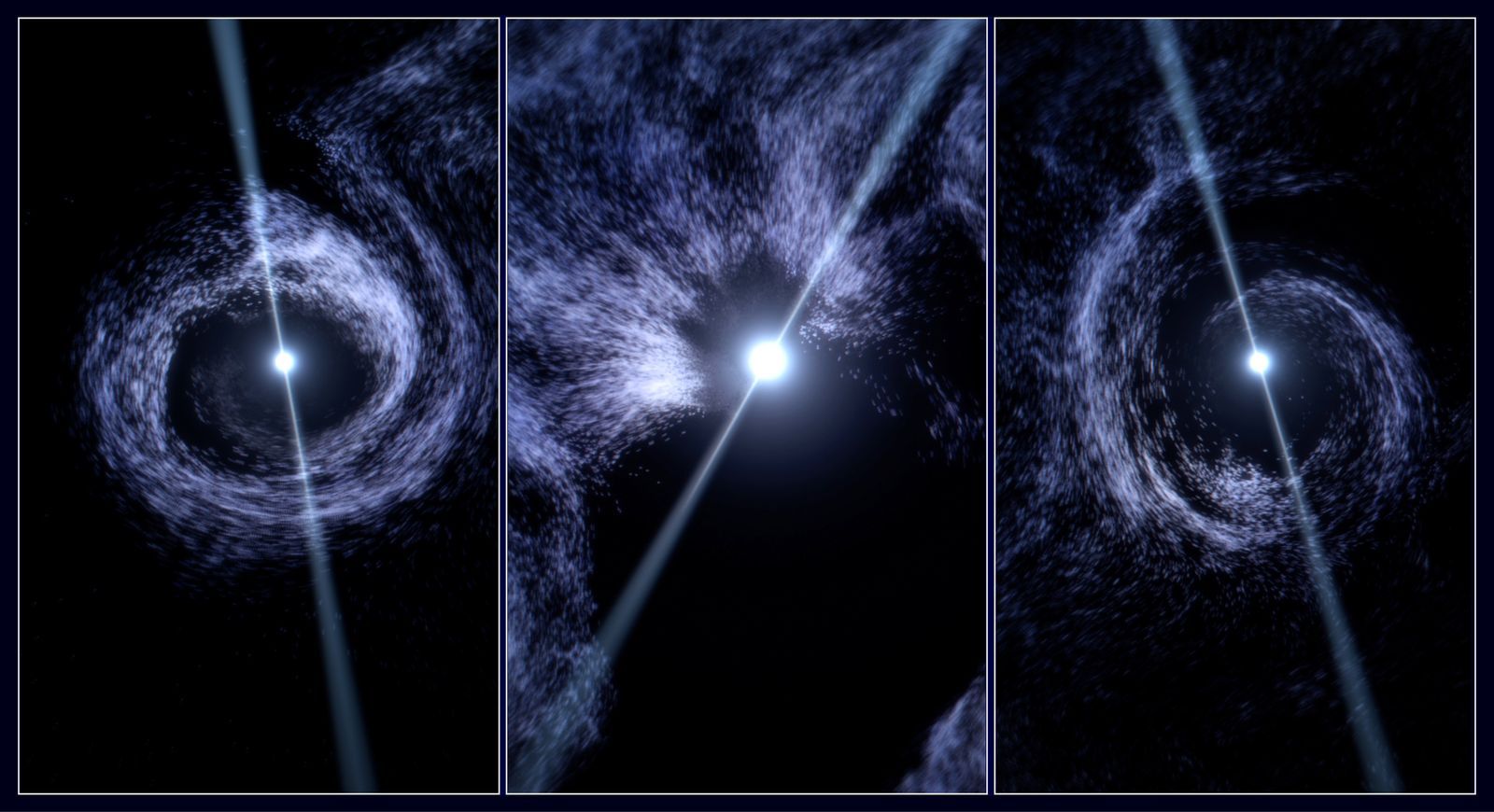Artist’s impression of the three phases of GX 301-2’s accretion as it passes through the dense plasma stream from its companion star.