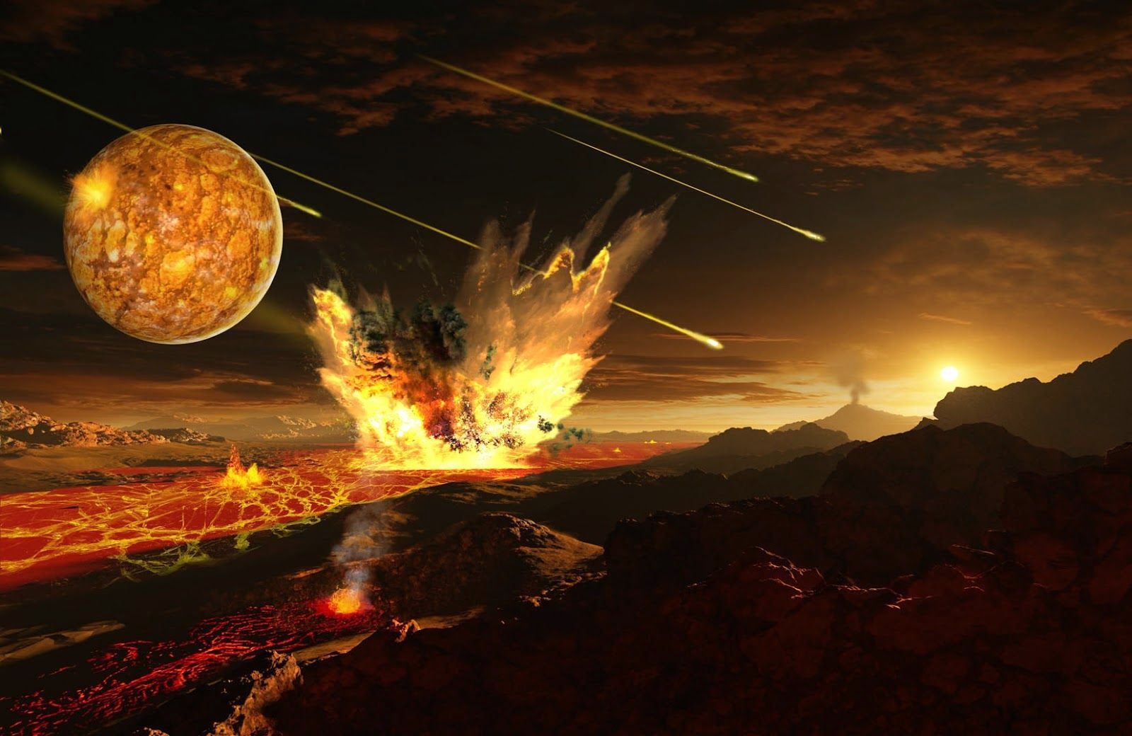 Reconstitution artistique de la Terre primitive soumise à des impacts et à une activité volcanique intense.