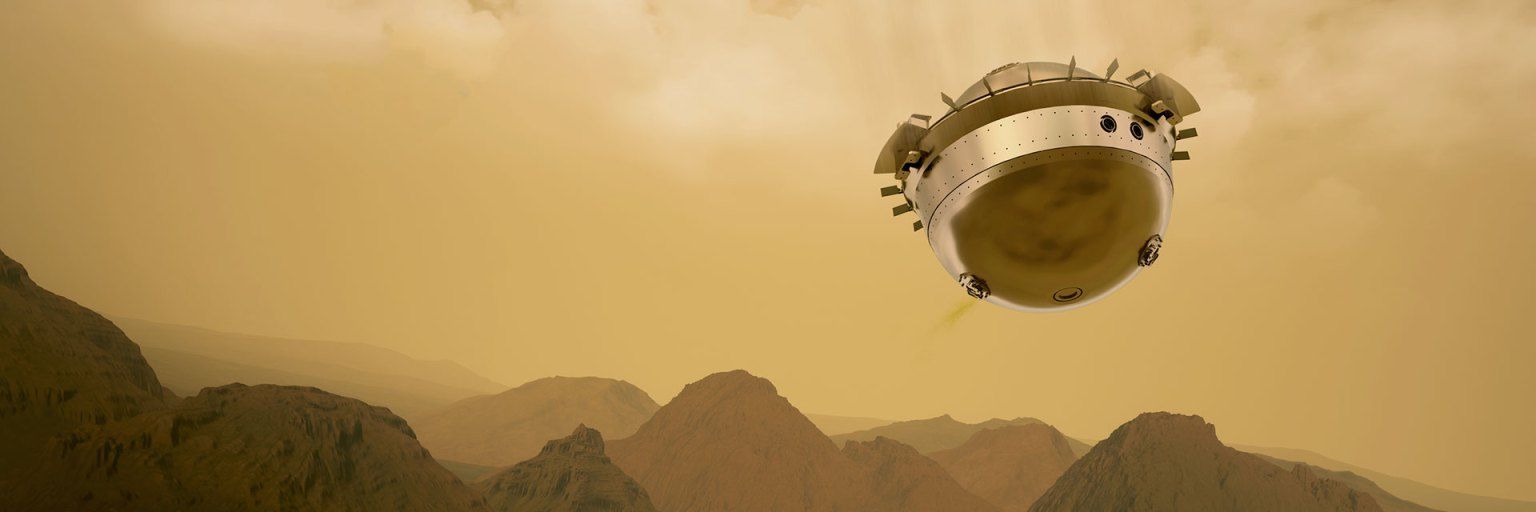Vue d’artiste de la sonde DAVINCI descendant dans l’atmosphère de Vénus au-dessus d’Alpha Regio.