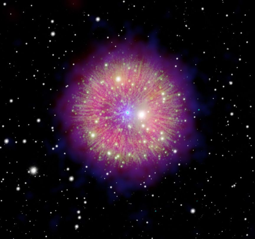 Image composite du vestige Pa 30 associant les rayons X de Chandra et XMM-Newton, l’infrarouge de WISE et la lumière visible.