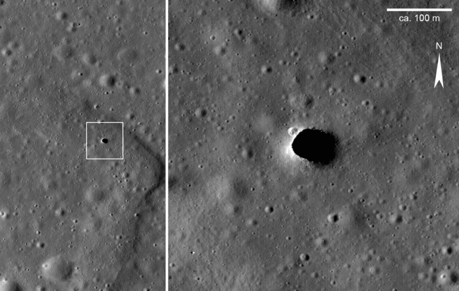 Une ouverture naturelle dans le sol lunaire, interprétée comme un possible accès à un ancien tube de lave souterrain.