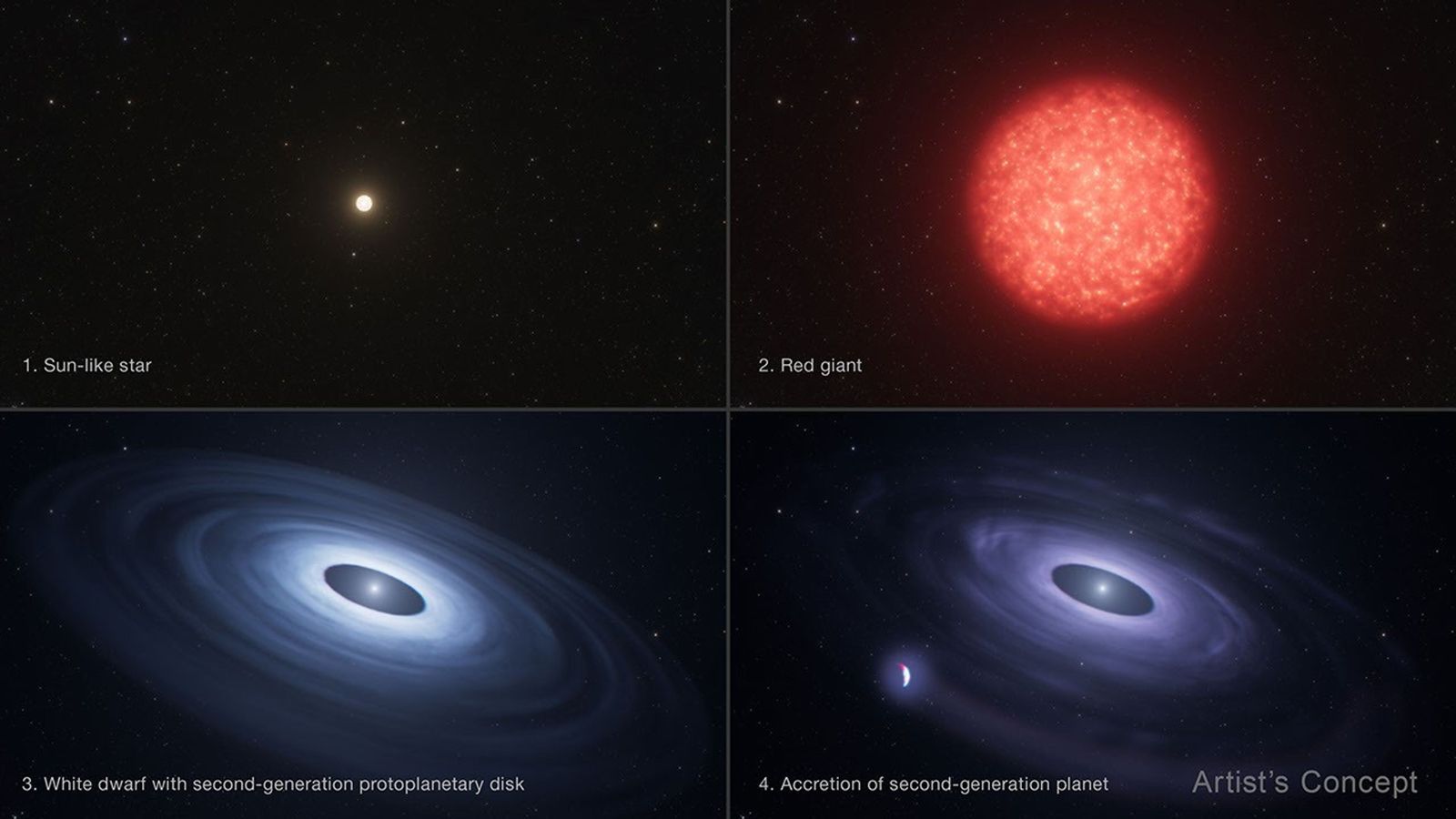 Vue d’artiste retraçant l’évolution d’une étoile semblable au Soleil vers une naine blanche entourée d’un disque, puis vers la formation d’une planète de seconde génération.