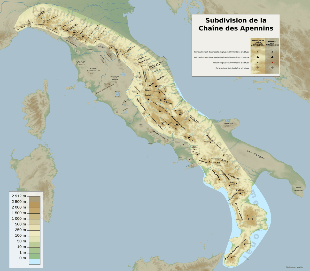 Carte orographique et hydrographique montrant les subdivisions de la chaĂźne des Apennins.
