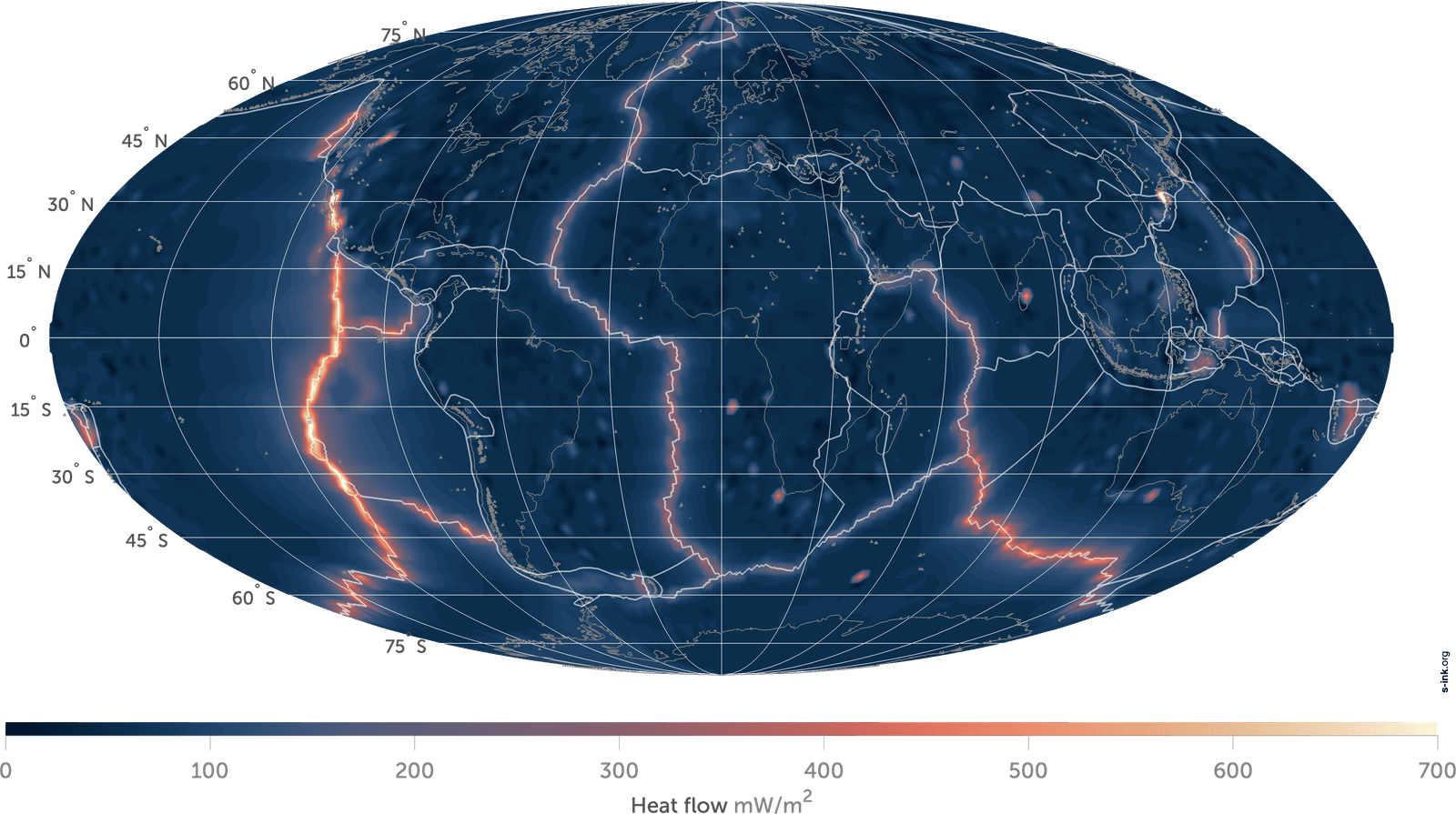 Carte mondiale du flux de chaleur provenant de lâintĂ©rieur de la Terre.