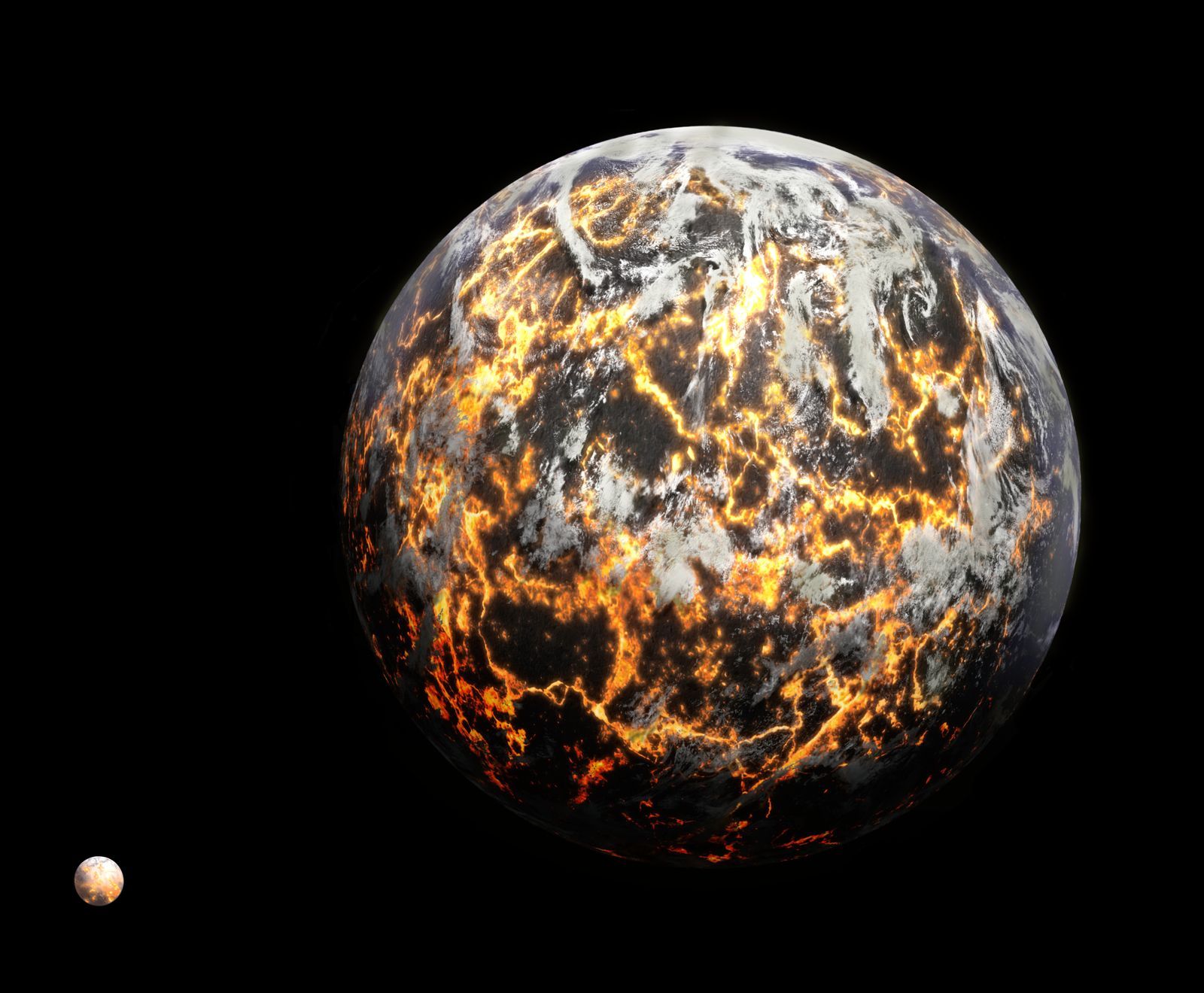 Reconstitution artistique d'une Terre très jeune, à l'Hadéen, montrée avec une surface encore fortement chauffée.