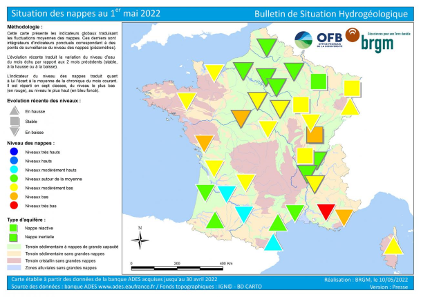Nappes d'eau souterraine au 1er mai 2022 et risques de sécheresse estivale