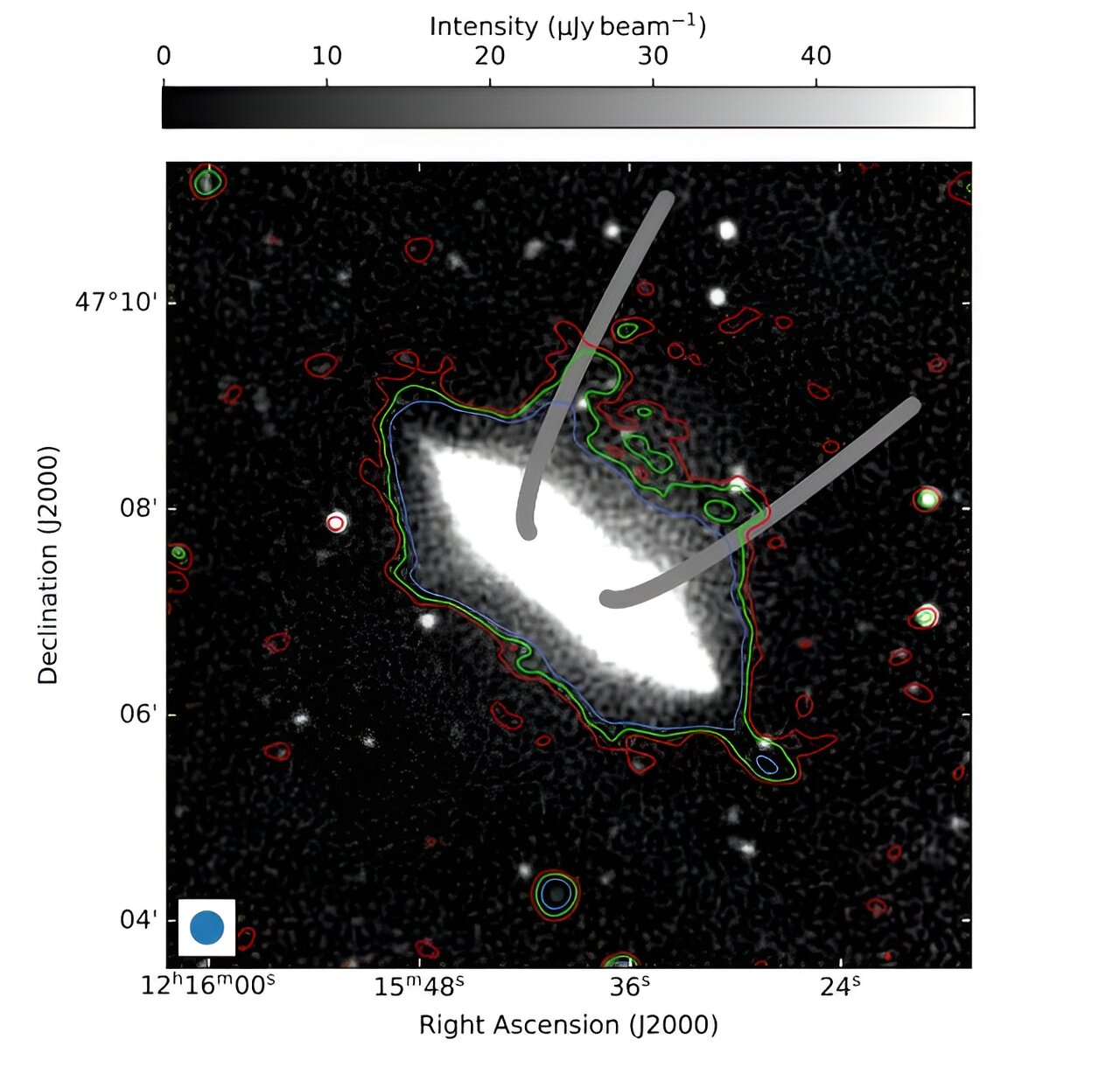 An immense 65,000-light-year radio bubble surrounds this nearby galaxy